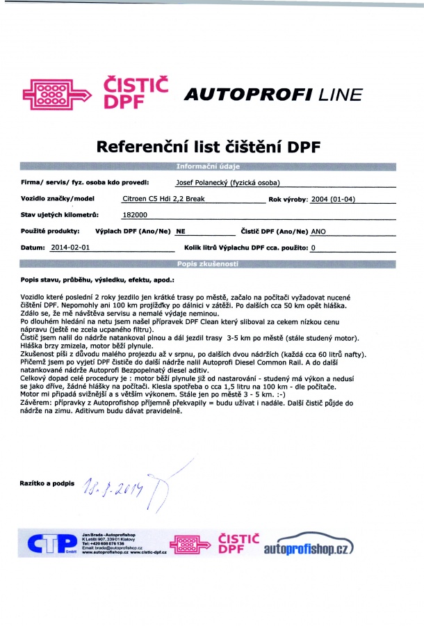 Referenční list Čistič DPF -Josef Polanecký Citroen C5