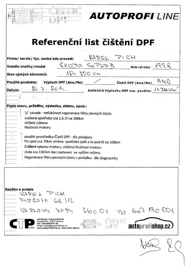Refereční list na Čistič DPF - Karel Pich - Škoda Superb